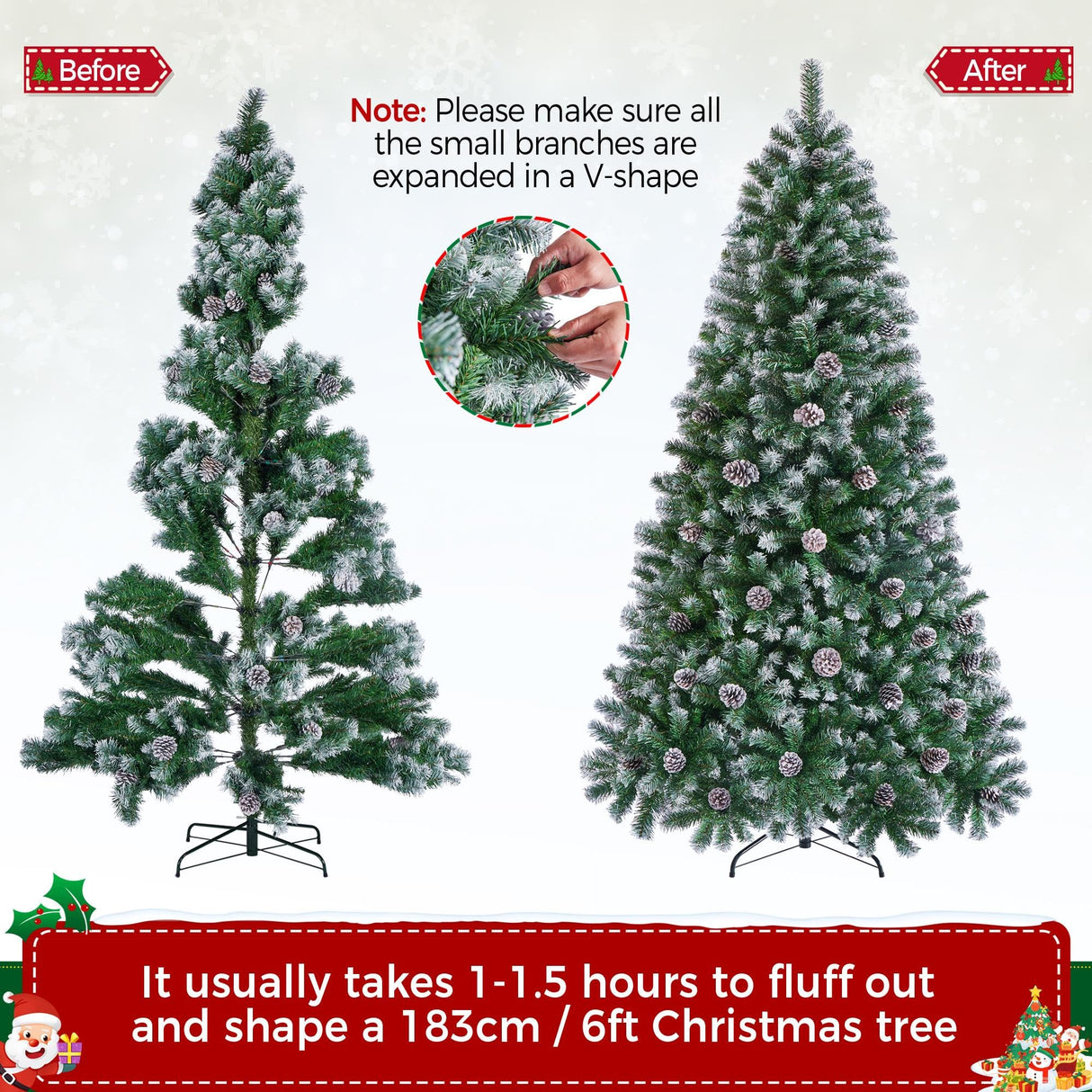 Yaheetech 6ft Artificial Christmas Tree, Snow Flocked Christmas Tree w/64 Pinecones, 920 Frosted Tips, Pre-Decorated Tree for Holiday Party Decoration Yaheetech