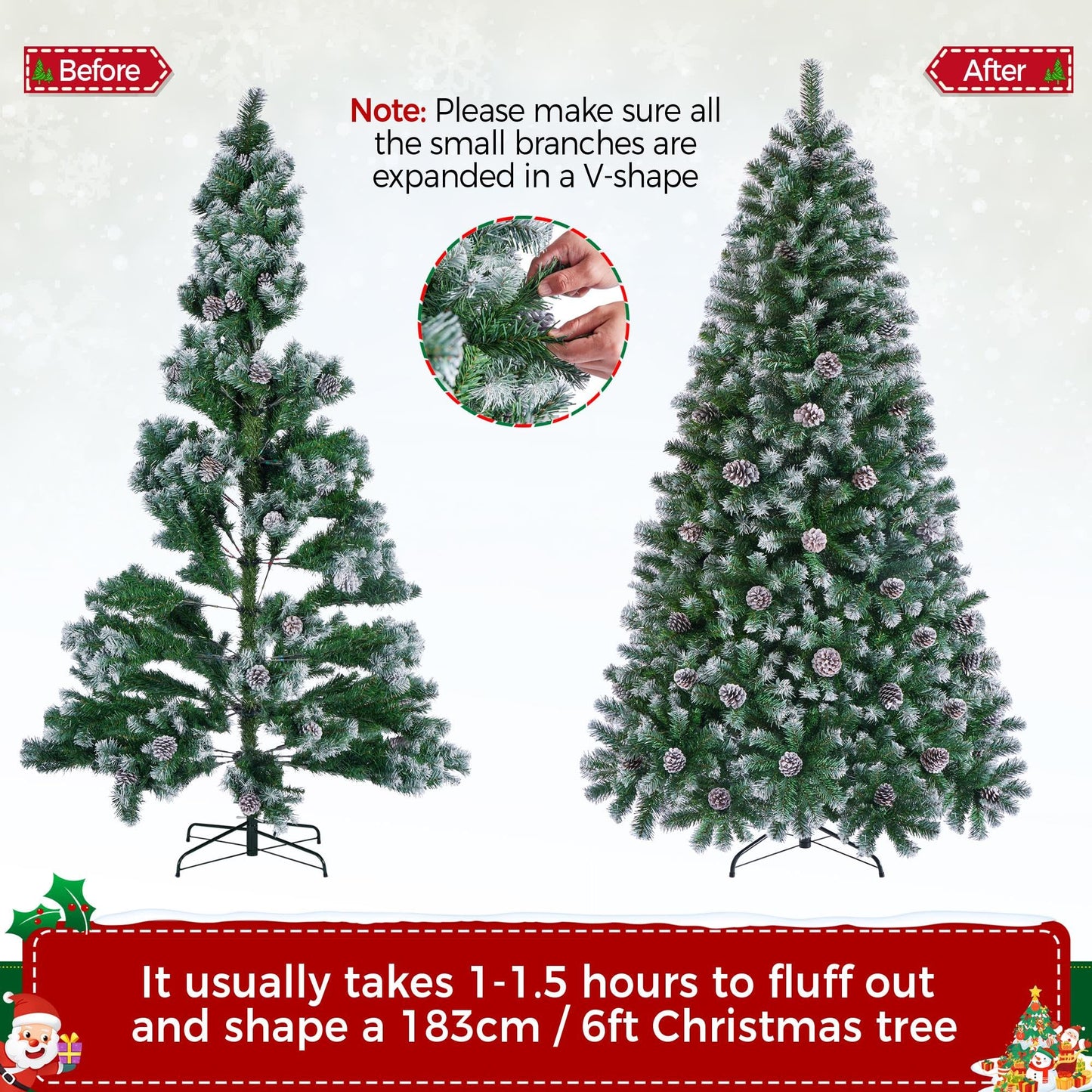 Yaheetech 6ft Artificial Christmas Tree, Snow Flocked Christmas Tree w/64 Pinecones, 920 Frosted Tips, Pre-Decorated Tree for Holiday Party Decoration