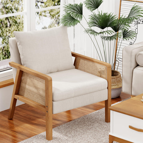 Awonde Ivory Accent Chair Linen Mid Century Modern Upholstered Living Room Chairs with Natural Rattan Arms Bedroom Reading Armchair Awonde