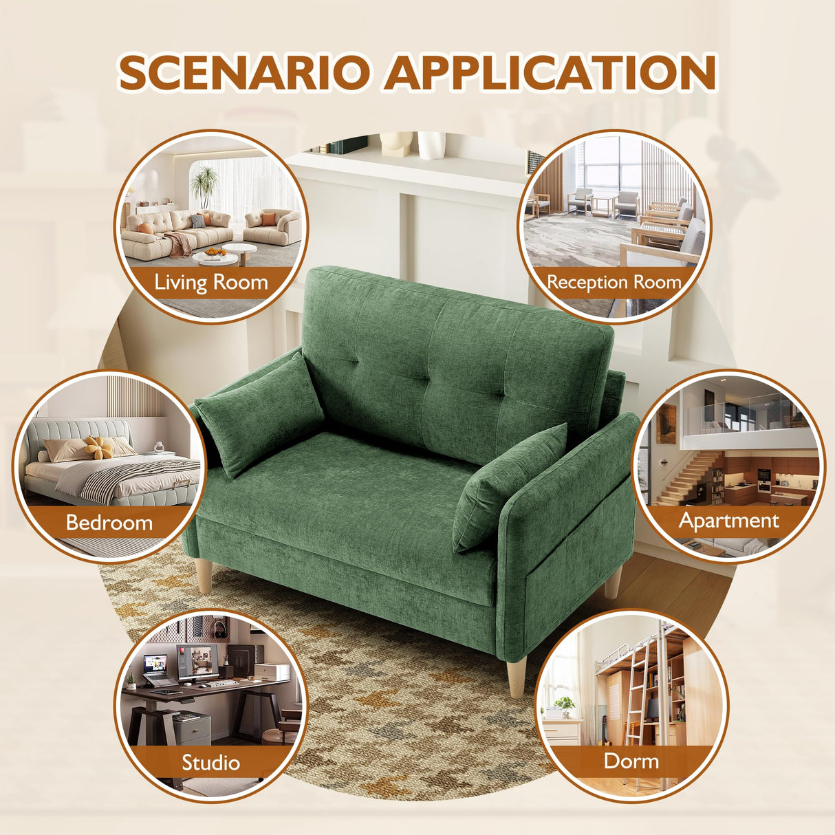 Urhanherry 47" Small Sofa Couch for Bedroom, Soft Chenille loveseat Mini Couch with Throw Pillow and Removable Cushion Cover for Small Spaces, Living Room, Apartment, Dorm, Office(Green) Urhanherry