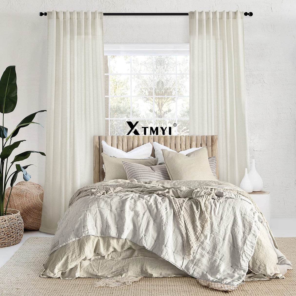 108 Inch Linen Curtains 2 Panels,With Heading Tape Hooks for Track System Back Tab,Stone Washed Cotton Flax Weave Sheer Extra Long Curtain for Living Room Bedroom,9FT 9 FT,Cream(Ivory/Off White) XTMYI