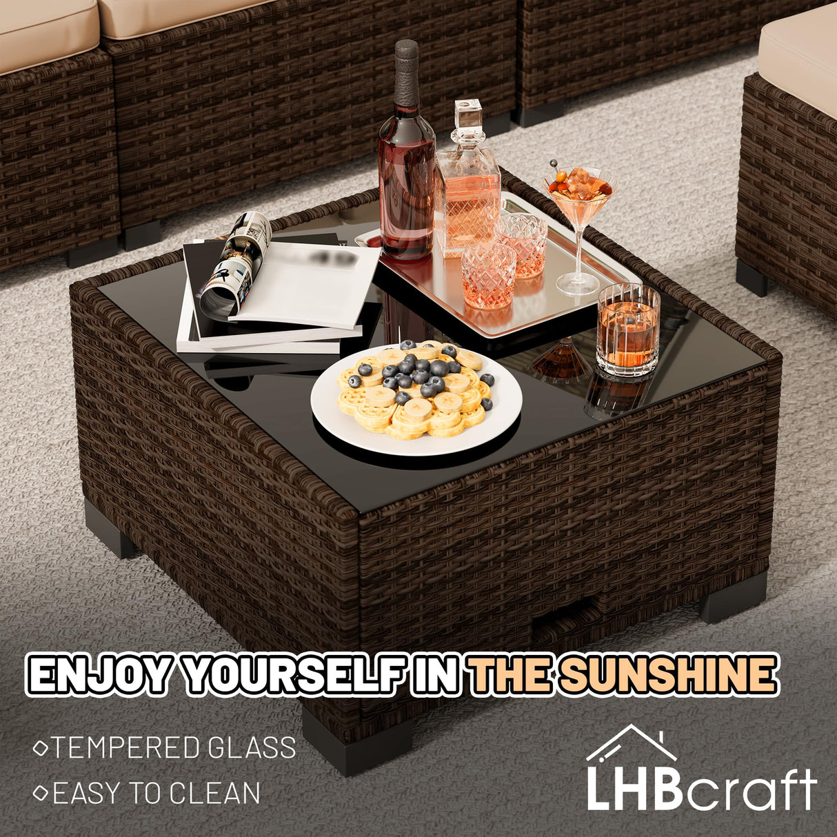 LHBcraft 8-Piece Outdoor Patio Furniture Set, Wicker Rattan Sectional Conversation Set with 50,000 BTU Propane Fire Pit Table for Garden and Patio,Brown LHBcraft