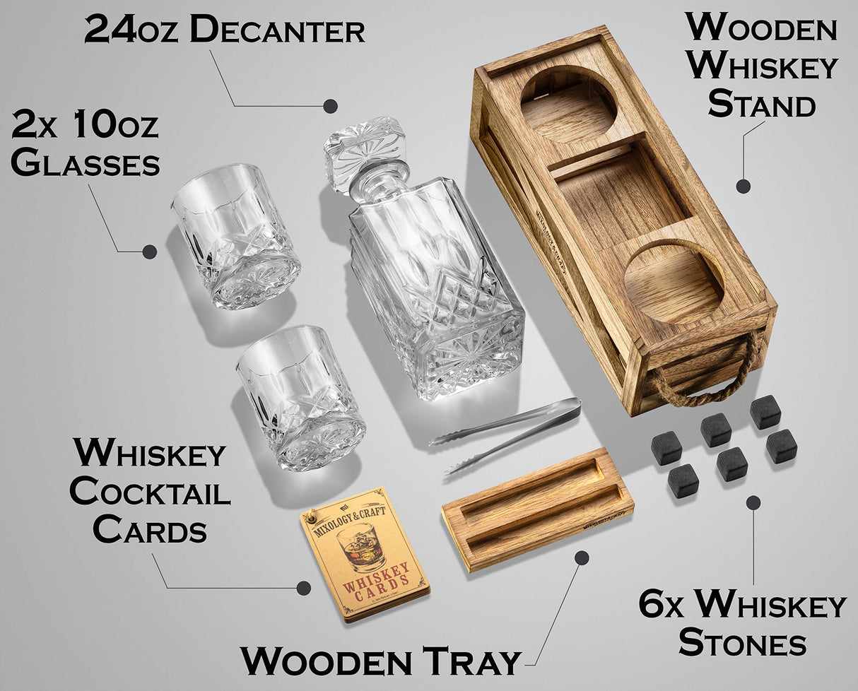 Mixology & Craft Whiskey Stones Set - Decanter, Whiskey Glasses & Wood Stand with 6 Granite Chilling Stones and 10oz Glasses - Whiskey Decanter Set for Men, Dad, Husband, Boyfriend Mixology & Craft