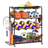 Jsskeeim Garage Sports Equipment Storage Rack,Wheeled Sports Ball Storage Bin,Garage Sports Equipment Organizer,Ball Organizer Toy Organizer with Baseball Bat Holder and Hooks-Black Jsskeeim