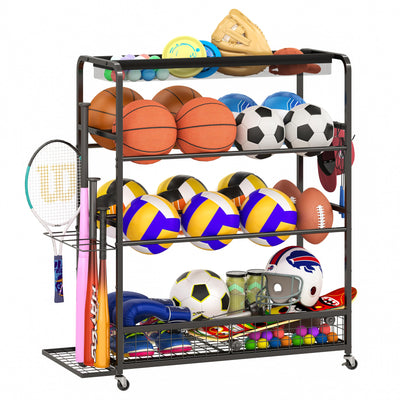 Jsskeeim Garage Sports Equipment Storage Rack,Wheeled Sports Ball Storage Bin,Garage Sports Equipment Organizer,Ball Organizer Toy Organizer with Baseball Bat Holder and Hooks-Black