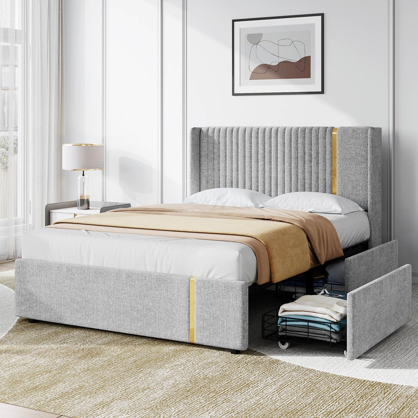 YITAHOME Modern Upholstered Full Size Bed Frame with Storage Drawers and Elegant Wingback Headboard in Grey and Gold