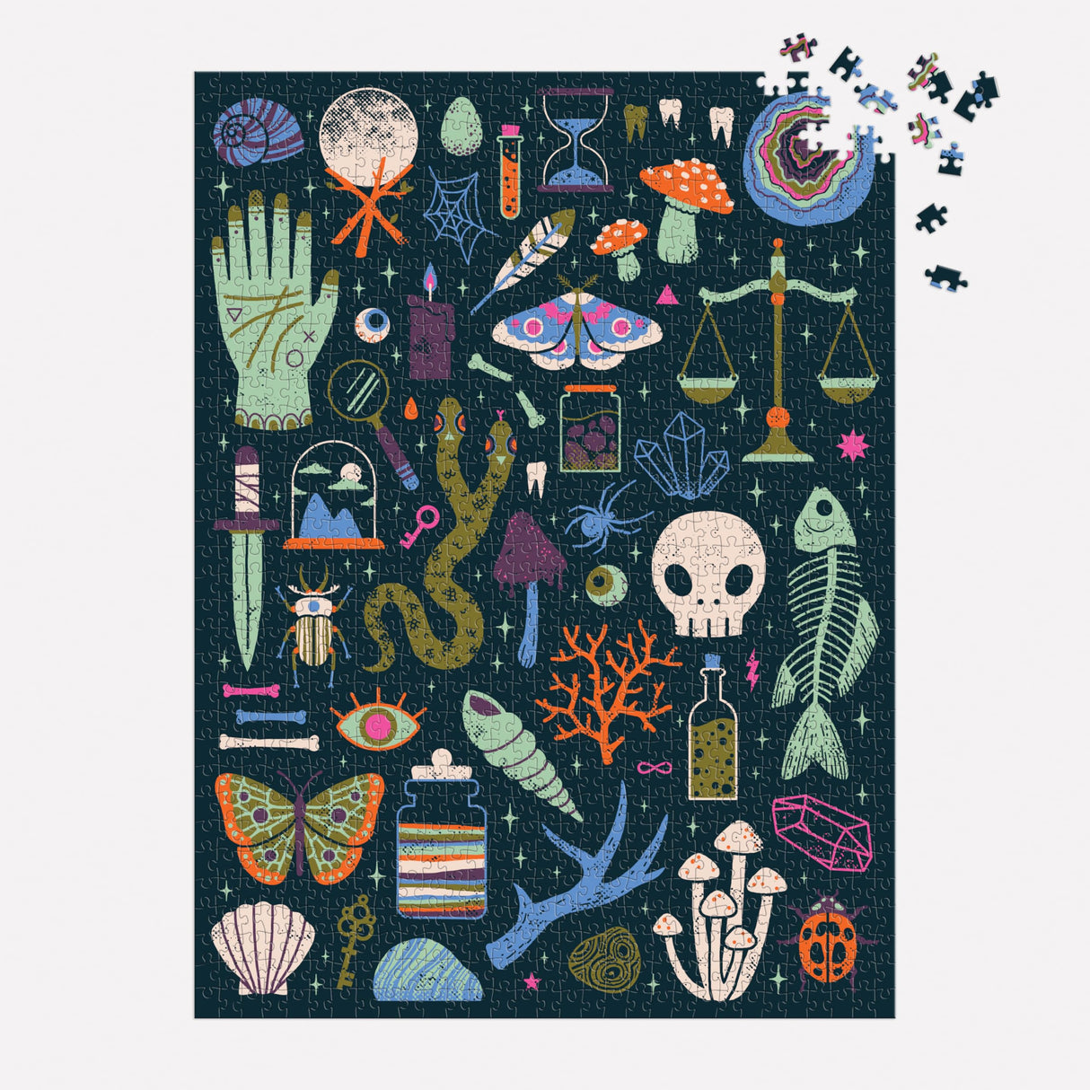 Galison Occult and Curious – 1000 Piece Glow in The Dark Jigsaw Puzzle Featuring an Eerie Collection of Creepy and Spooky Objects Galison