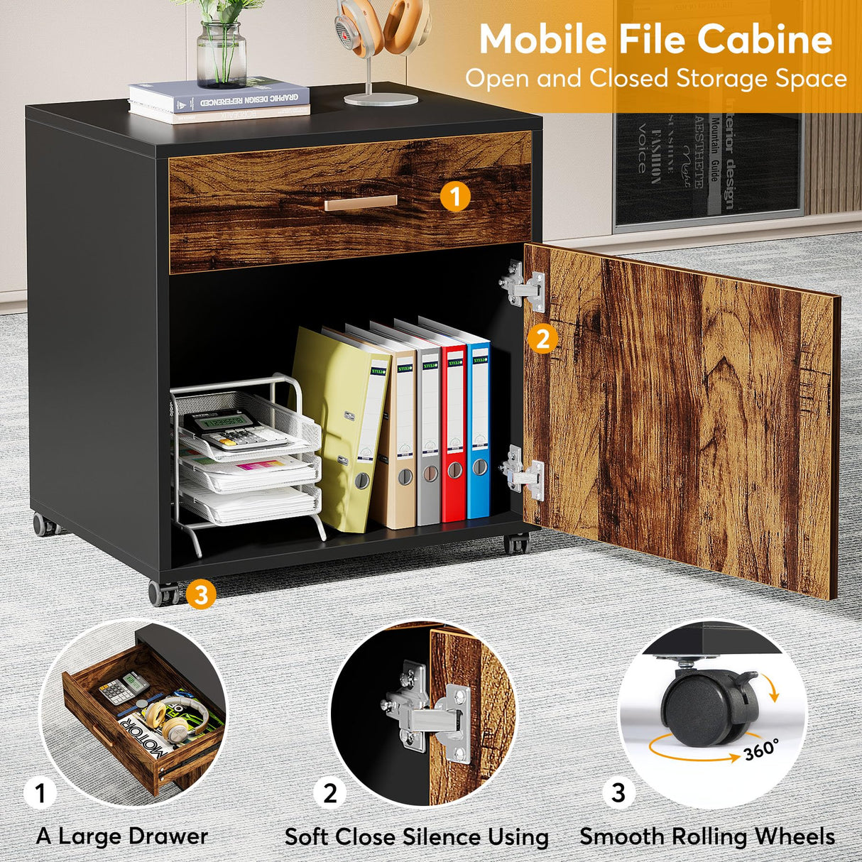 Tribesigns 70.8-Inch Executive Desk with File Cabinet, Large L Shaped Computer Desk with Storage Cabinet, L Shaped Desk with Drawer Cabinet, Rustic Brown & Black Tribesigns