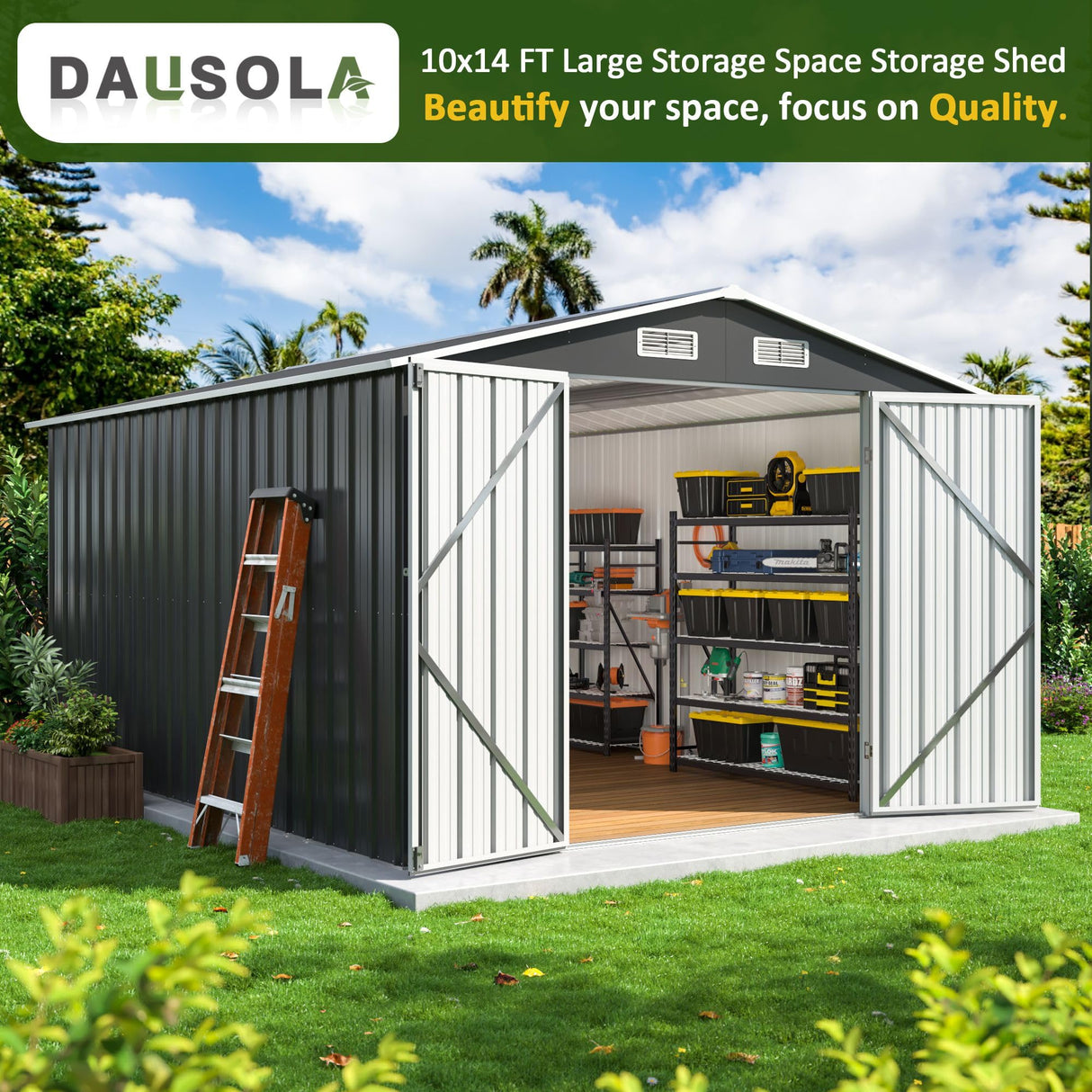 DAUSOLA 10x14 FT Outdoor Storage Shed, Metal Garden Tool Shed with Updated Frame Structure and Lockable Doors, Ideal for Backyard Garden Patio Lawn, Grey DAUSOLA