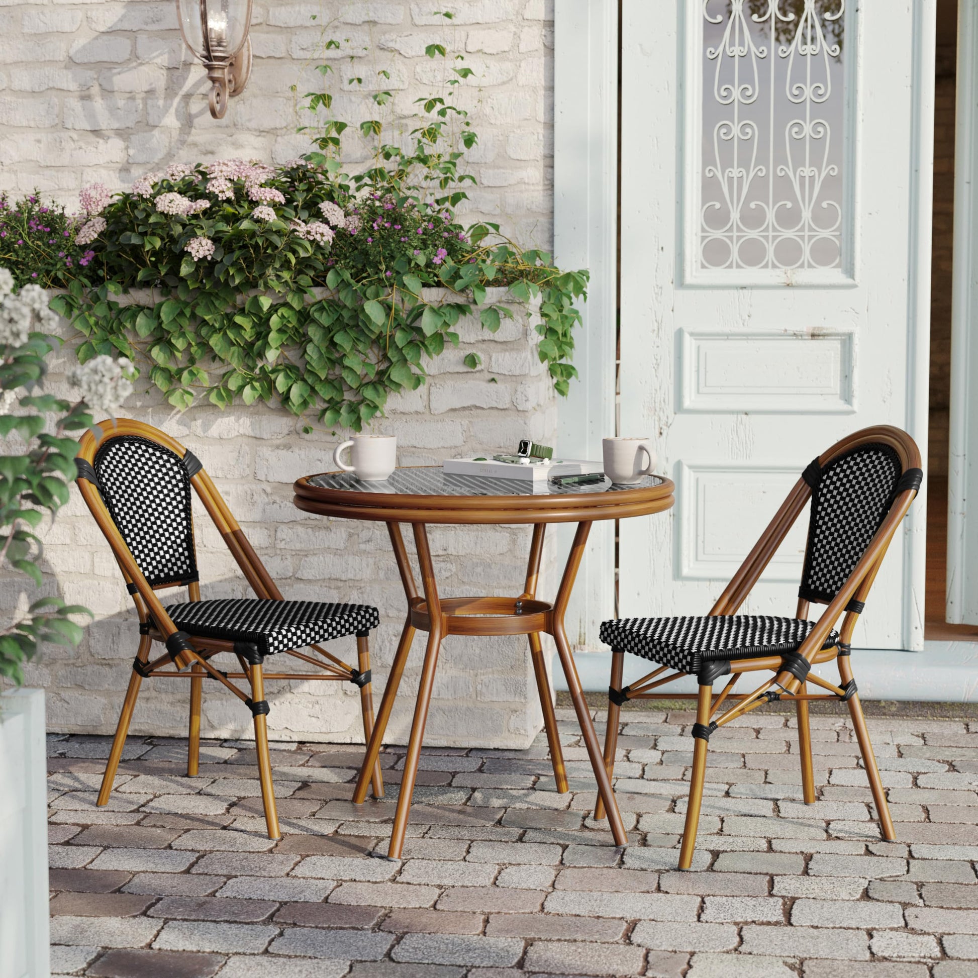 Flash Furniture Lourdes Indoor/Outdoor Commercial French Bistro Table, PE, Glass Top, Bamboo Print Aluminum, 31.5" Round, Black & White Rattan/Natural Frame - WoodArtSupply