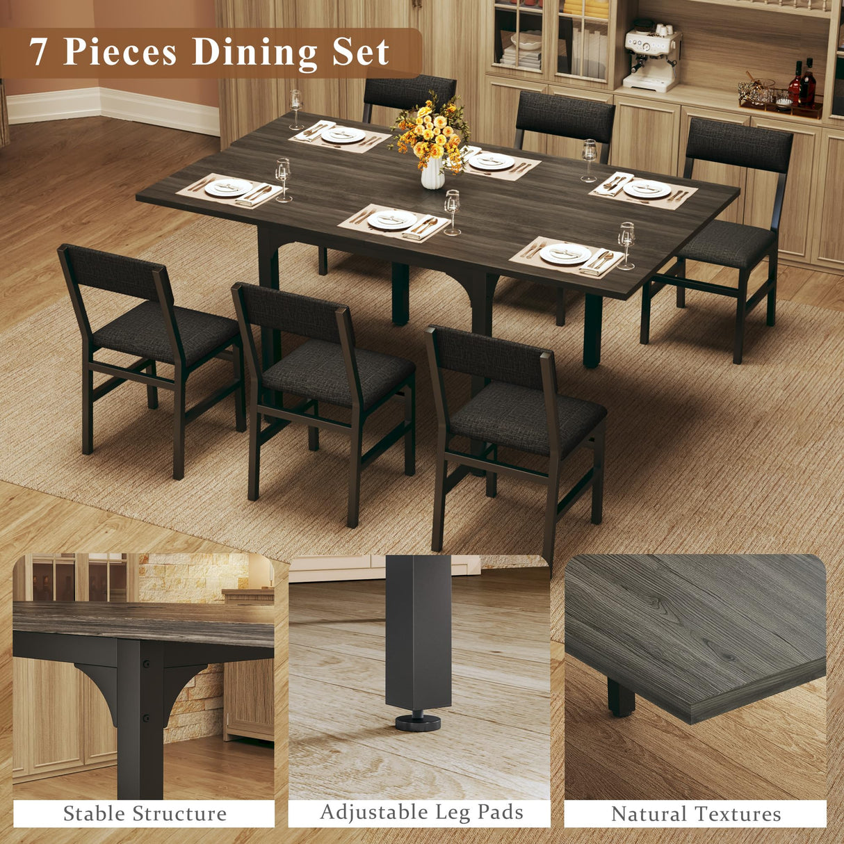 7-Piece Dining Table Set for 4-6, Extendable Kitchen Table Cushion Chairs Set of 6 with 6 Chairs, Rectangle Dining Table with Metal Frame & MDF Board, Folding for Small Apartment Saving Space,Grey Oak HUAHUU