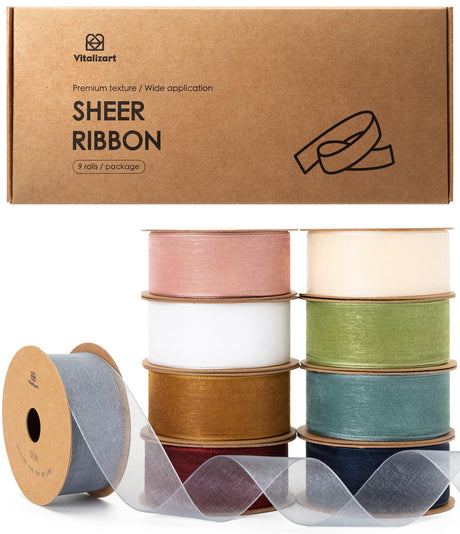 Vitalizart 1" x 90Yd Organza Ribbon Mixed Color Sheer Ribbons Set 10 Yd x 9 Rolls Handmade for Gift Wrapping Christmas Tree Crafts Bows Wedding Invitations Wreaths Wrap Vitalizart