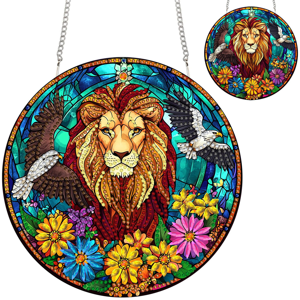 Zariocy Hanging Diamond Art Ornament Lion Kits for Adults – Special Crystal Double Sided Pendant, DIY Animal Diamond Painting Acrylic Board Window Pendants Home Garden Wall Hanging Decor 8x8 inch Zariocy
