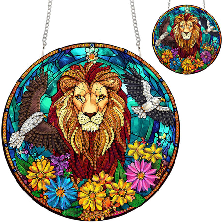 Zariocy Hanging Diamond Art Ornament Lion Kits for Adults – Special Crystal Double Sided Pendant, DIY Animal Diamond Painting Acrylic Board Window Pendants Home Garden Wall Hanging Decor 8x8 inch Zariocy
