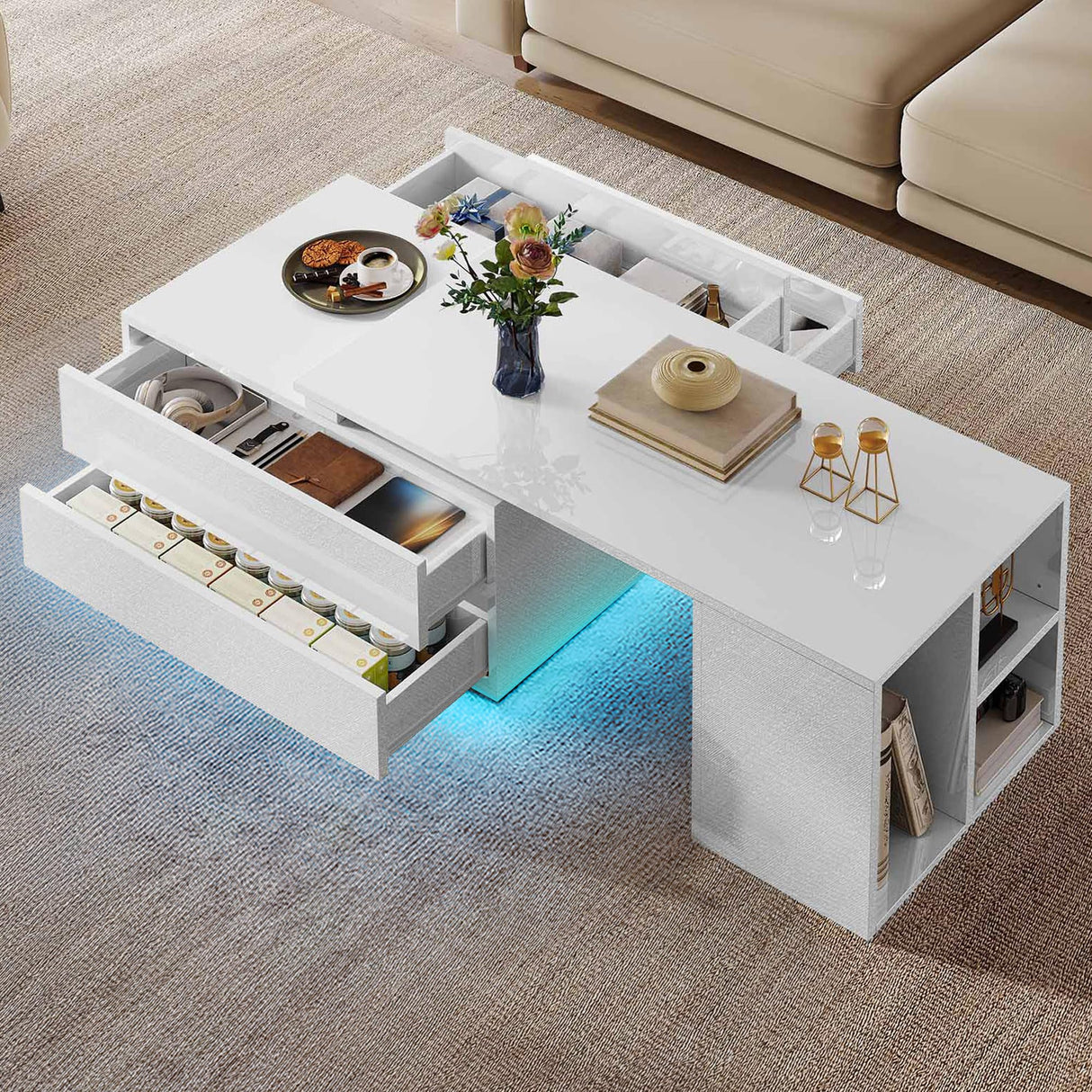 YITAHOME Coffee Table LED Coffee Table with 4 Storage Drawers, Extendable Coffee Tables for Living Room, Modern Wooden Rectangle Cocktail Table with Open Shelves & Sliding Tabletop 35"- 61", White YITAHOME