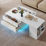YITAHOME Coffee Table LED Coffee Table with 4 Storage Drawers, Extendable Coffee Tables for Living Room, Modern Wooden Rectangle Cocktail Table with Open Shelves & Sliding Tabletop 35"- 61", White YITAHOME