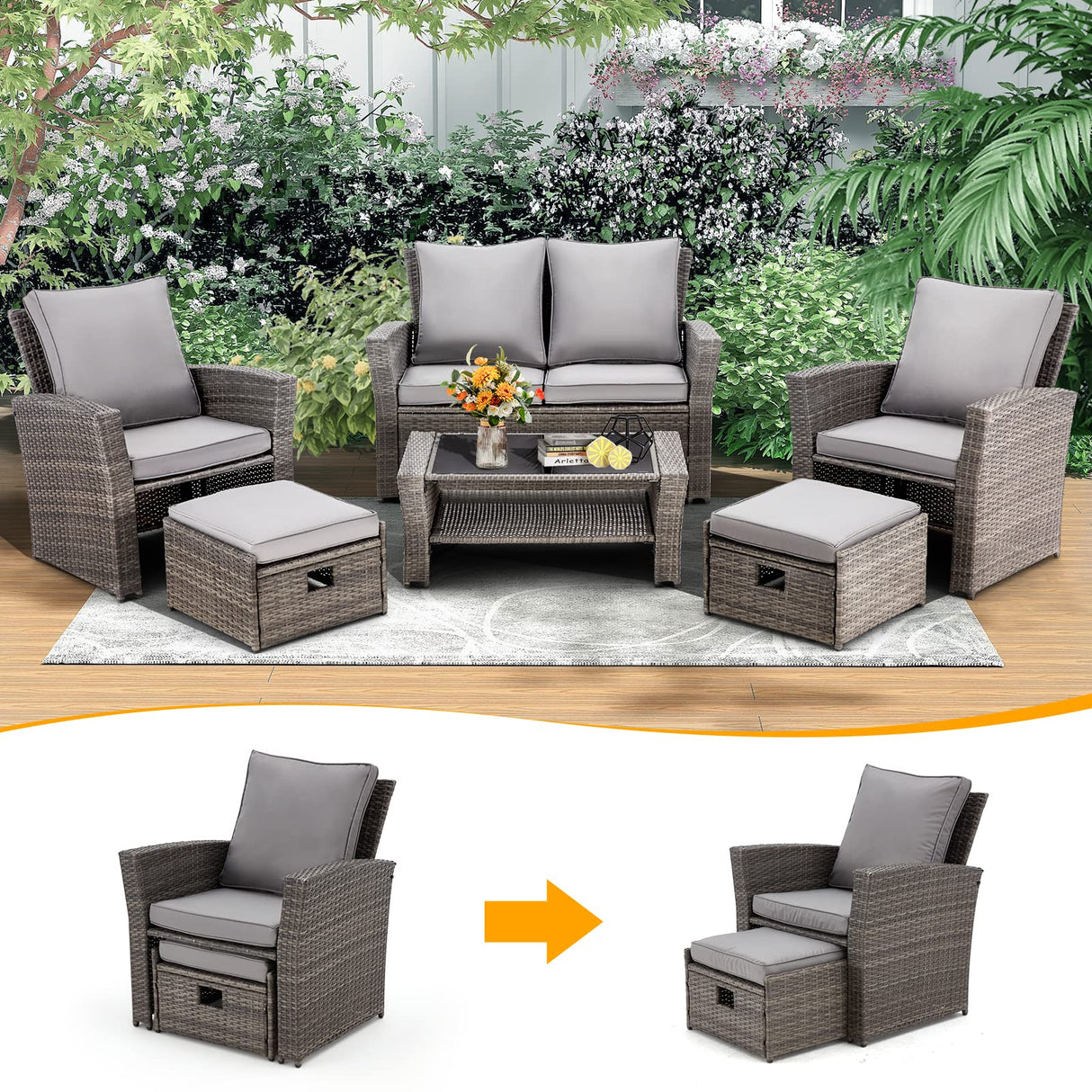 GYUTEI 6 Piece Patio Furniture Set, Outdoor Sectional Conversation Rattan Sofa Set with Ottoman and Outdoor Storage Table for Garden, Porch, Backyard (Dark Gray) GYUTEI