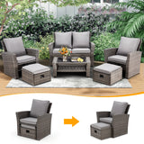 GYUTEI 6 Piece Patio Furniture Set, Outdoor Sectional Conversation Rattan Sofa Set with Ottoman and Outdoor Storage Table for Garden, Porch, Backyard (Dark Gray) GYUTEI