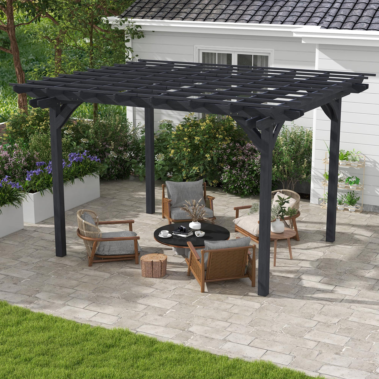 Outsunny 12' x 10' Outdoor Pergola, Wood Grape Gazebo for Climbing Plant Support, Garden, Patio, Backyard, Deck, Gray Outsunny