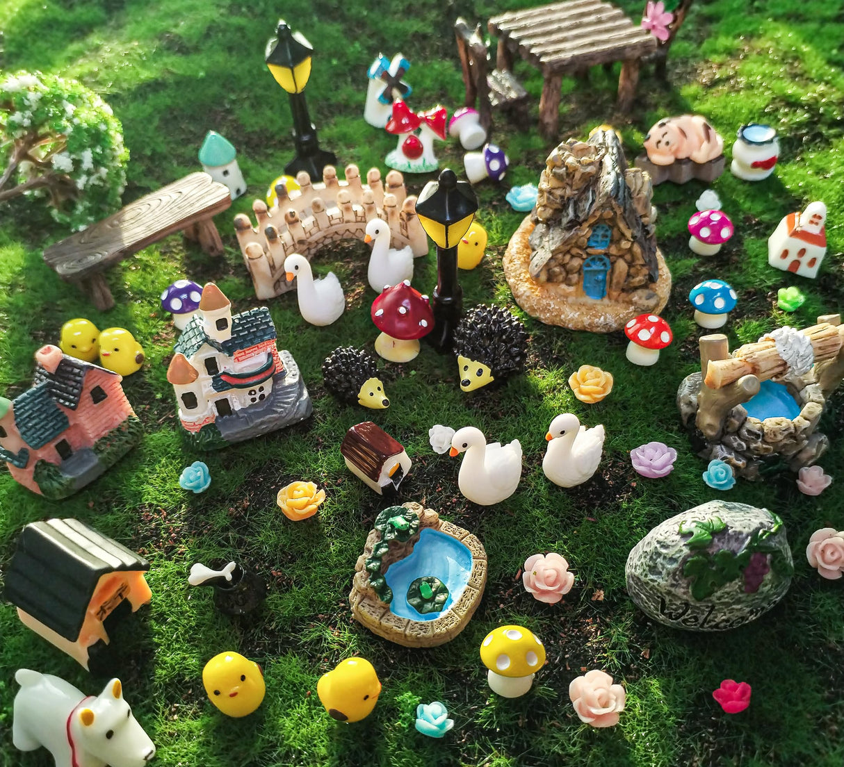 67PCS Cute Fairy Garden Accessories Miniature Figurines Mini Resin Animals Flower Tree House Bridge Mini Figurines Micro Landscape Decoration Fairy Garden Potted Plant Terrarium Decor Outdoor RFSRZ