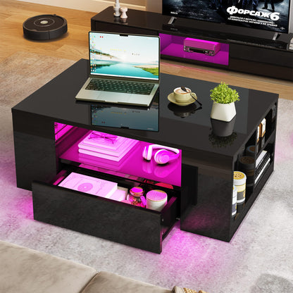 YITAHOME Modern Coffee Tables for Living Room, High Glossy LED Coffee Table, Storage Coffee Table, Small Coffee Table, Wood Center Table with 2 Sliding Drawers and Open Side Shelf, Black