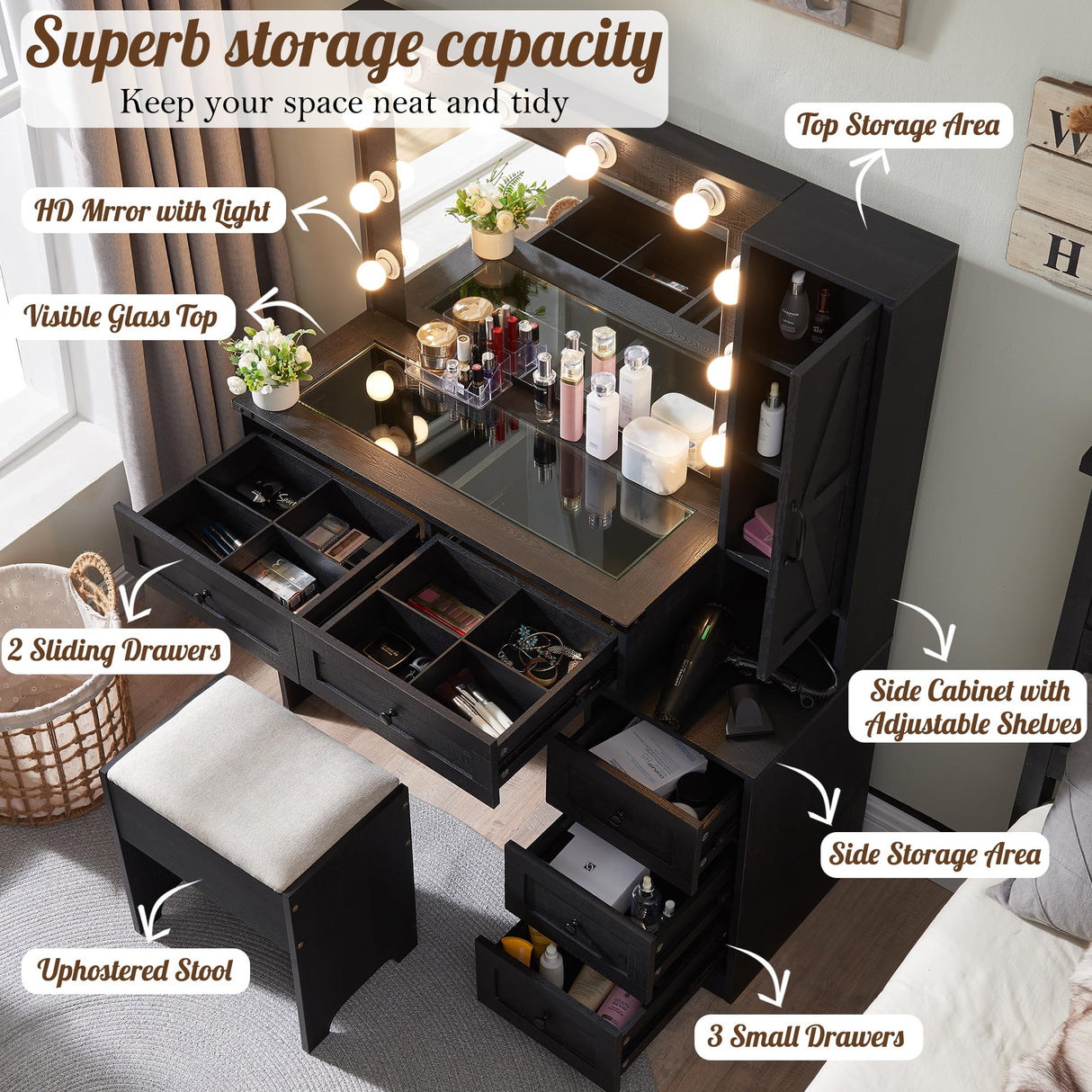 ACCOHOHO Farmhouse Vanity Desk with Mirror and Lights, 43" Wide Makeup Vanity with Glass Tabletop and Charging Station, Modern Vanity Table Set with Storage and Stool for Bedroom, Black ACCOHOHO