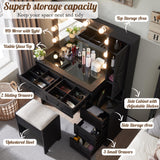 ACCOHOHO Farmhouse Vanity Desk with Mirror and Lights, 43" Wide Makeup Vanity with Glass Tabletop and Charging Station, Modern Vanity Table Set with Storage and Stool for Bedroom, Black ACCOHOHO