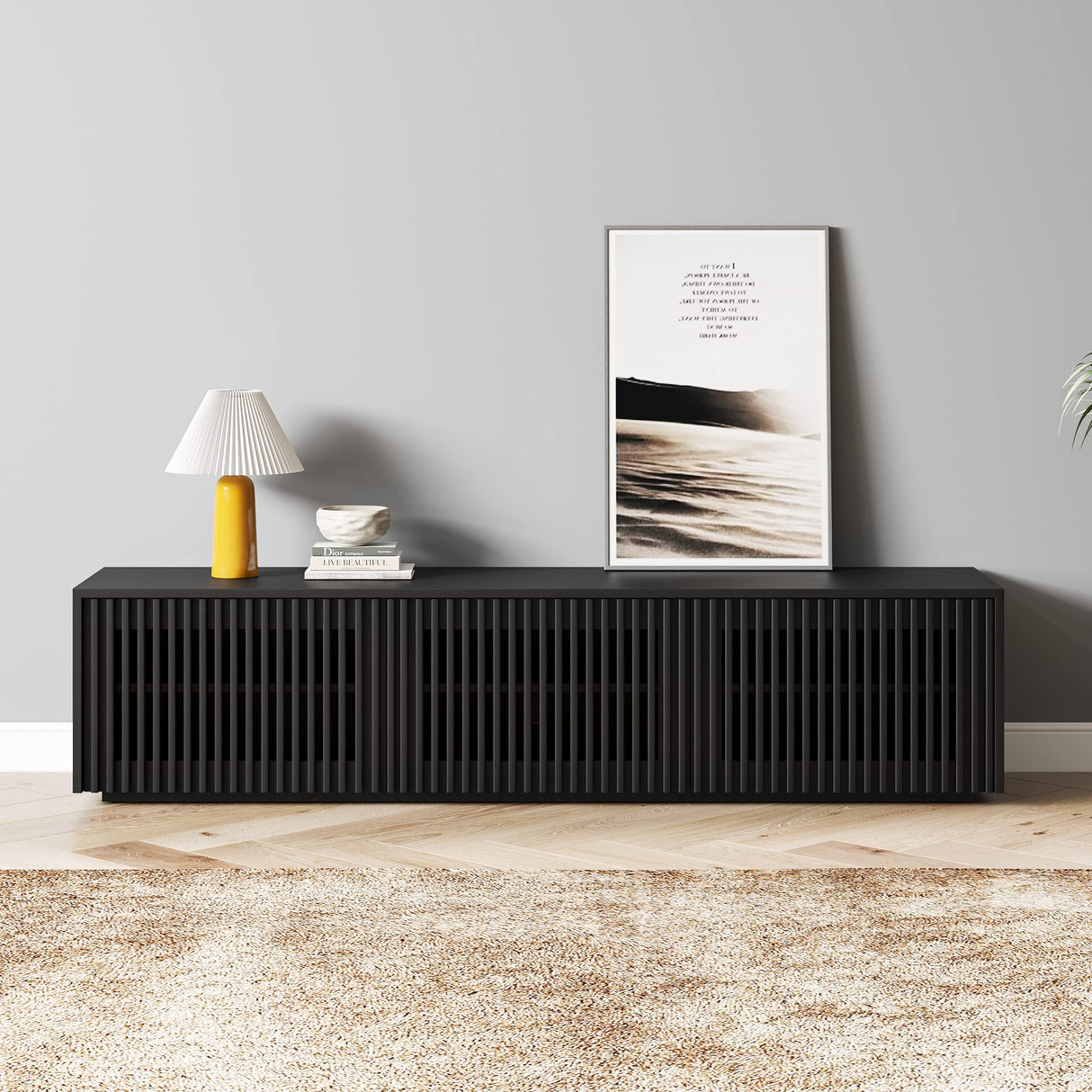 POVISON Modern Solid Wood TV Stand, Black Entertainment Center for 65 inch TV, Full Assembled Media Console with Storage, Farmhouse Low TV Cabinets POVISON