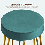 Yaheetech Bar Stools Set of 4, Velvet Round Counter Stools, Backless Counter Height Bar Chairs with Golden Legs for Kitchen Dining Room Pub Cafe, Peacock Blue Yaheetech