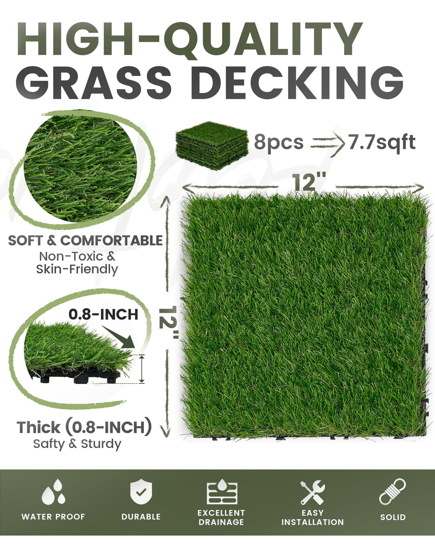 Keloteven Artificial Grass Tiles - 12" x 12" Interlocking Turf Deck - Pack of 9 Grass Deck Tiles for Outdoor Porch Balcony Backyard - Fake Grass Tiles DT-GRS-9P