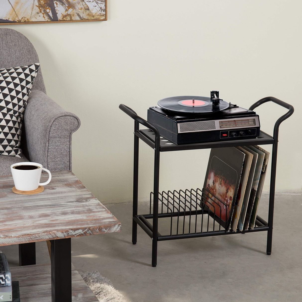 MyGift Modern Matte Black Metal Record Player Holder Stand with Vinyl Storage Organizer, Premium Quality 2 Tier Turntable Display Table Rack MyGift