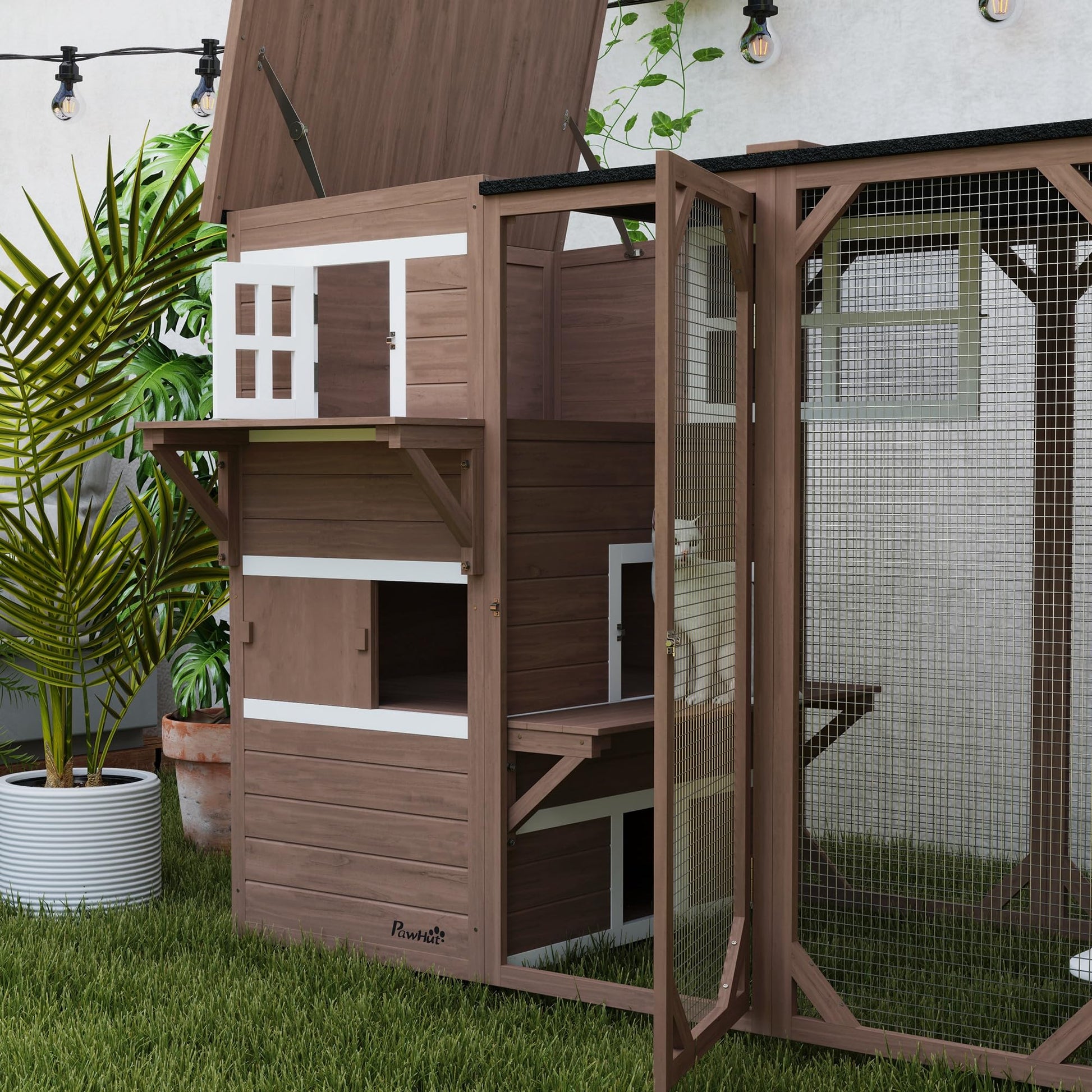 PawHut Outdoor Cat Catio, Large Wood Cat House Enclosure with Multi-Level Design, Weatherproof Roof, Big Hiding Areas, Multiple Platforms, Resting Box, Brown - WoodArtSupply