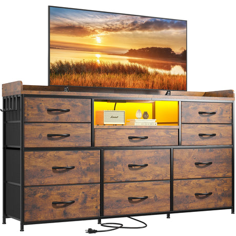 EnHomee Dresser TV Stand with 11 Drawers for 60" TV Stand for Bedroom with LED Lights & Power Outlets Long Dresser for Bedroom with Shelves & 4 Hooks, Sturdy Metal Frame & Thick Wood Top, Rustic Brown EnHomee