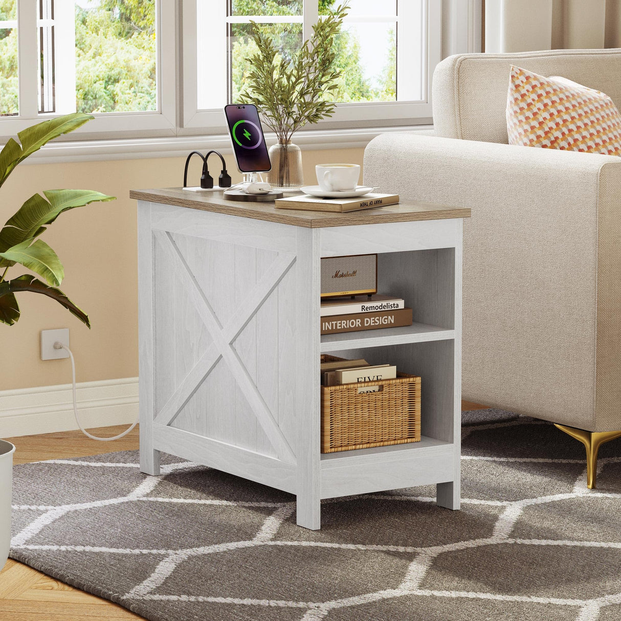 YITAHOME End Table with Charging Station, Narrow Side Table with Storage Shelf, Farmhouse Nightstand with Storage for Small Spaces, Living Room, Bedroom, Grey Wash YITAHOME