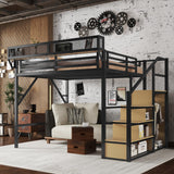 Mirightone Queen Size Loft Bed with Stairs, Metal Loft Beds, High Loft Bed Frame with Storage Shelves, Lofted Queen Bed with Wardrobe for Adults and Teens, No Box Spring Needed (Black+Natural) Mirightone