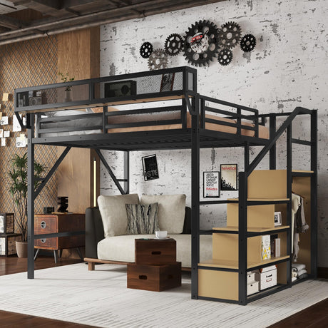 Mirightone Queen Size Loft Bed with Stairs, Metal Loft Beds, High Loft Bed Frame with Storage Shelves, Lofted Queen Bed with Wardrobe for Adults and Teens, No Box Spring Needed (Black+Natural) Mirightone