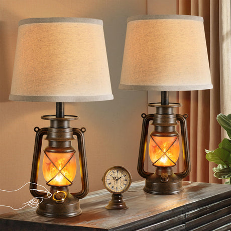 LEDIARY 18.72" LED Vintage Lantern Flickering Flame Table Lamps for Bedrooms Set of 2, Small Farmhouse Rustic Vintage End Table Lamps, Halloween Decorative Lantern Bedside Lamps for Living Room LEDIARY