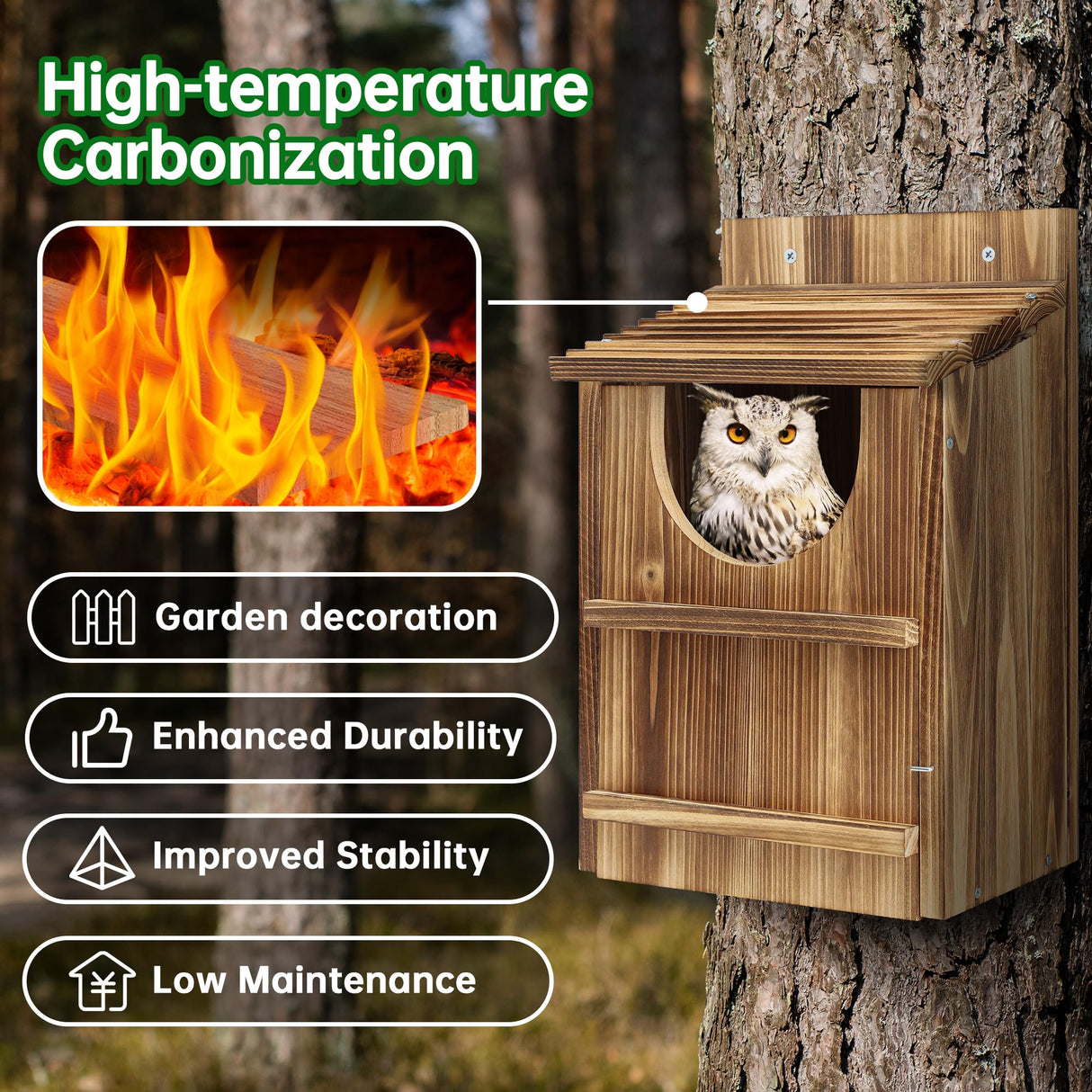 UUMENHA Owl House,Carbonized Cedar Large Owl Bird Box with Shavings,Owl Boxes for Outside 14.5×9×7.5 inches,Owl Nesting Box for Wildlife Lovers,Easy Assembly Required UUMENHA