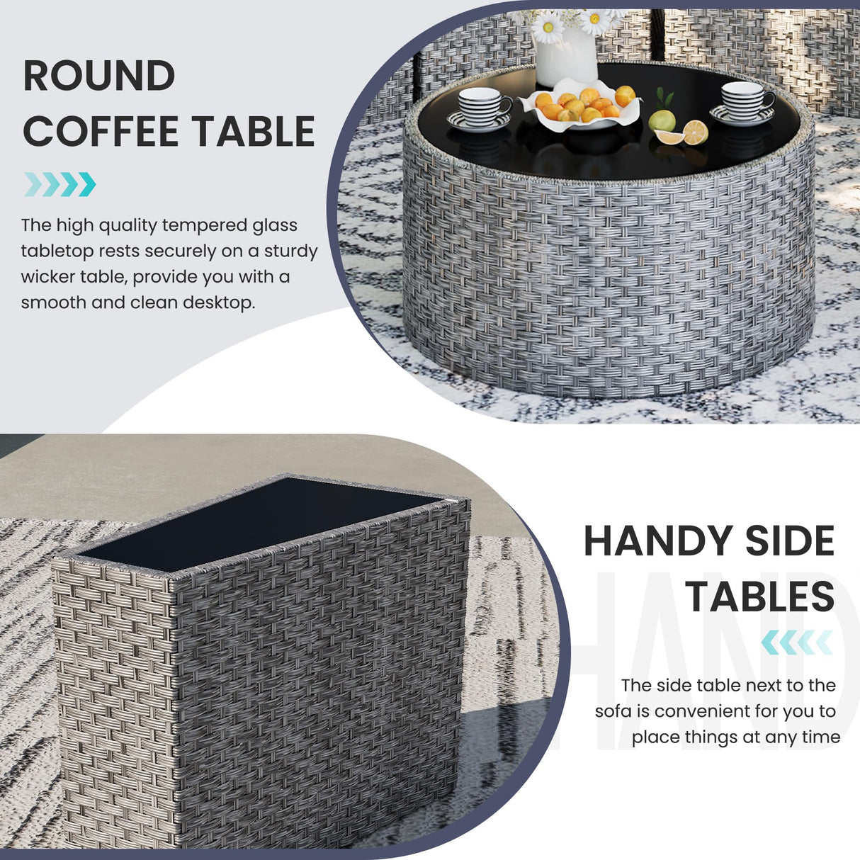 UDPATIO Patio Furniture Set,Fully Assembled Outdoor Sectional Sofa，Half-Moon Curved Modular 7 Pieces Heavy Duty Wicker Furniture Set with Round Coffee Table, for Porch,Backyard,Grey UDPATIO