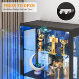 FREDEES Display Cabinet with Glass Doors,67" Adjustable Display Shelf with 2 Drawers and 4 Tier Curio Cabinet,Tall Bookcase with 3 Color Lights and Human Body Sensor for Toys,Books（Black） FREDEES