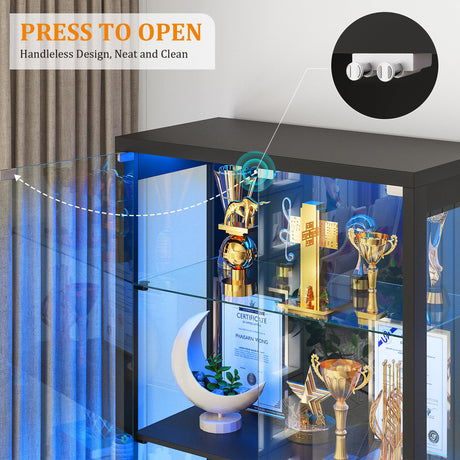 TAGELIER 67" Tall Display Cabinet with Glass Doors and 2 Drawers, Adjustable Glass Height,Curio Cabinet with 3 LED Lights and Human Body Sensor (Black) TAGELIER
