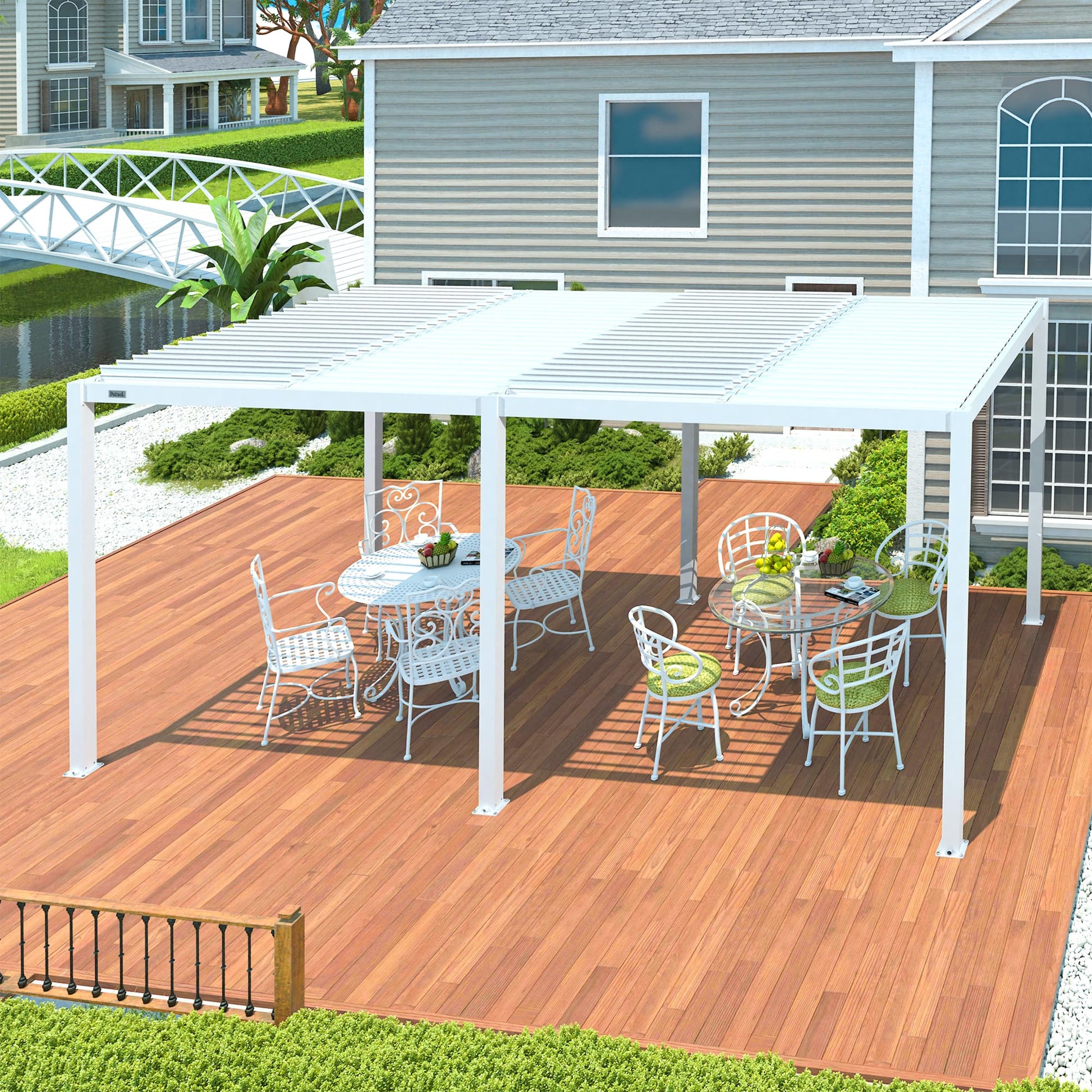 PATISOL Louvered Pergola 19'x10' Full Aluminum Patio Outdoor Pergola with Adjustable Roof Rainproof Sun Shade Easy Installation Pergola Hardtop Gazebo for Deck Garden Yard Beach (White) - WoodArtSupply