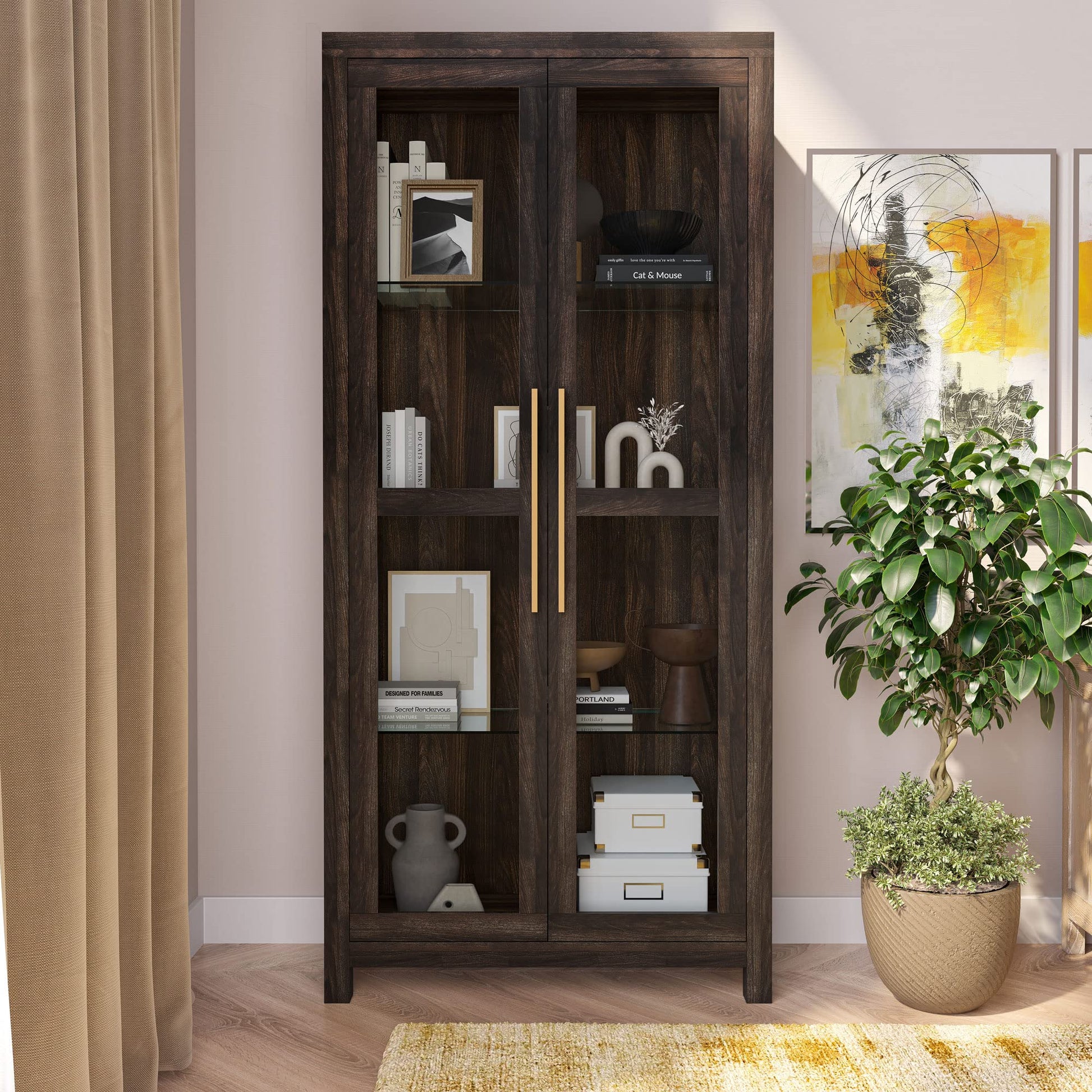 BELLEZE Storage Cabinet, Tall Bookshelf or Display Cabinet for Living Room Bedroom, Curio Cabinet with Tempered Glass Doors, Trophy Display Case, Storage/Organization - Avalon (Dark Walnut) - WoodArtSupply