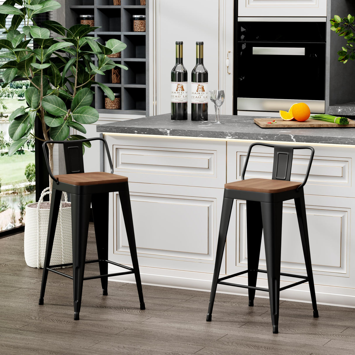 WENTMENT Metal Bar Stools Set of 2 Counter Height Barstools with Removable Back 24" Kitchen Bar Stools with Wooden Seat, Black WENTMENT