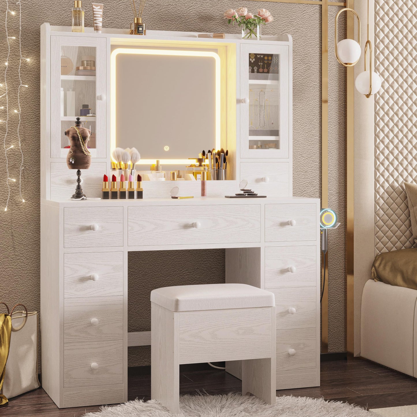 IRONCK Vanity Desk with LED Lights Mirror and Charging Station, Makeup Vanity Table with Jewelry Armoire, Storage Bench, and 11 Drawers, White