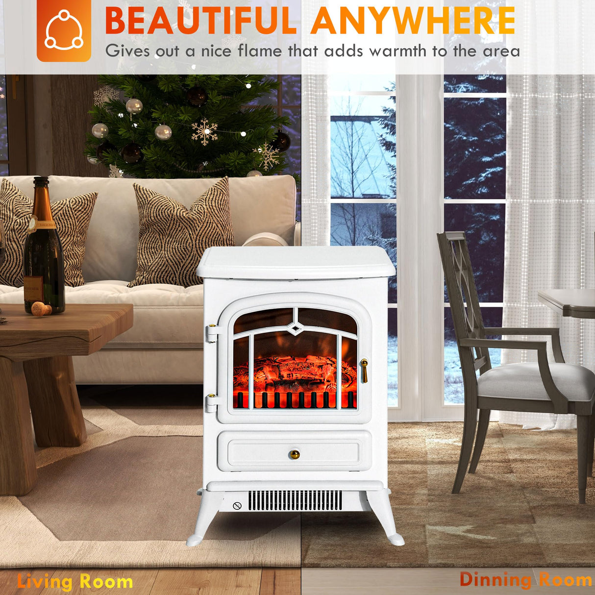 HOMCOM 22" Electric Fireplace Heater, Freestanding Fire Place Stove with Realistic LED Flames and Logs, and Overheating Protection, 750W/1500W, White HOMCOM
