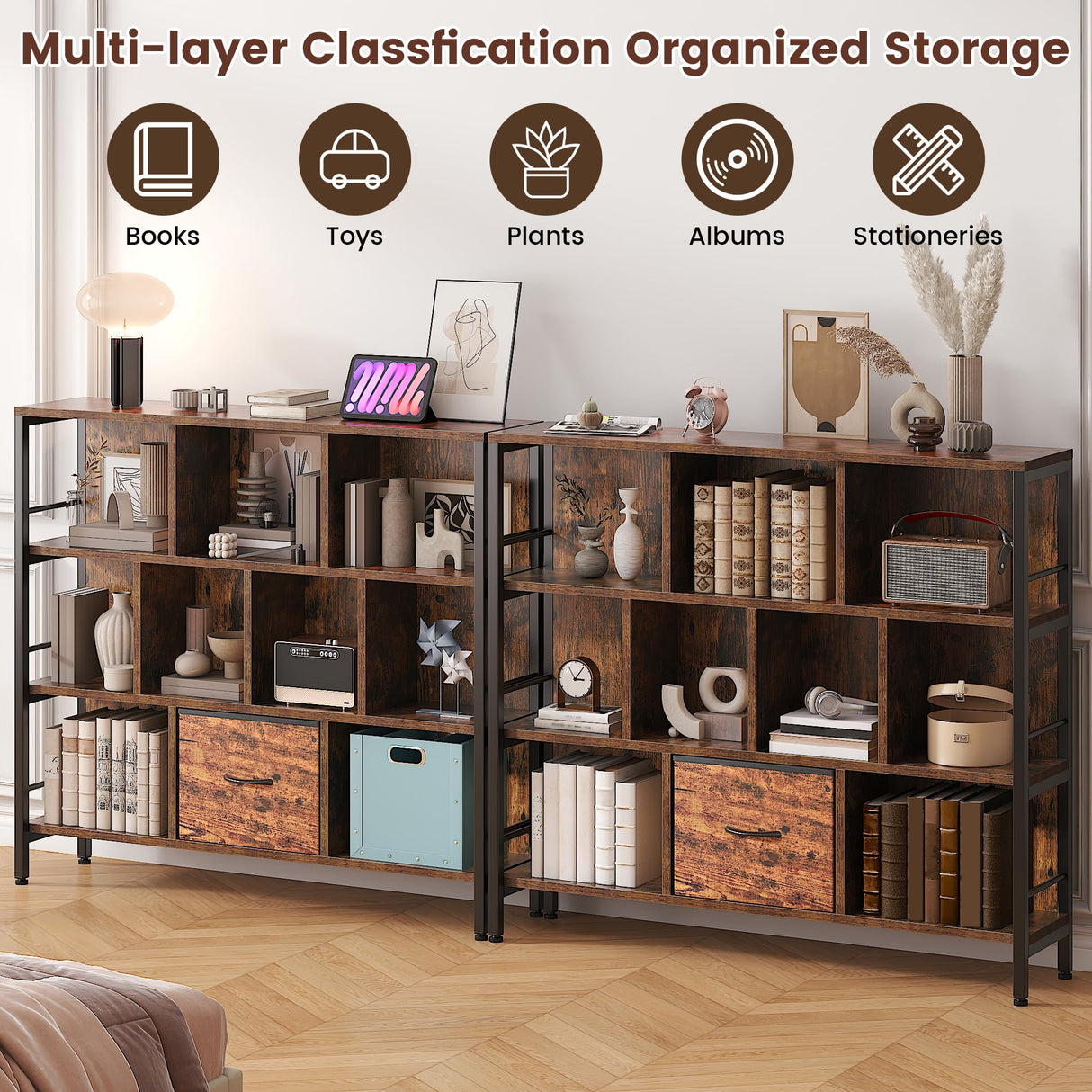 Winkalon Bookshelf, 10 Cube Bookshelf with Canvas Drawer, 3 Tier Wide Bookcase with Adjustable Legs, Metal Bookshelf with Open Stoage for Bedroom, Living Room, Office Winkalon