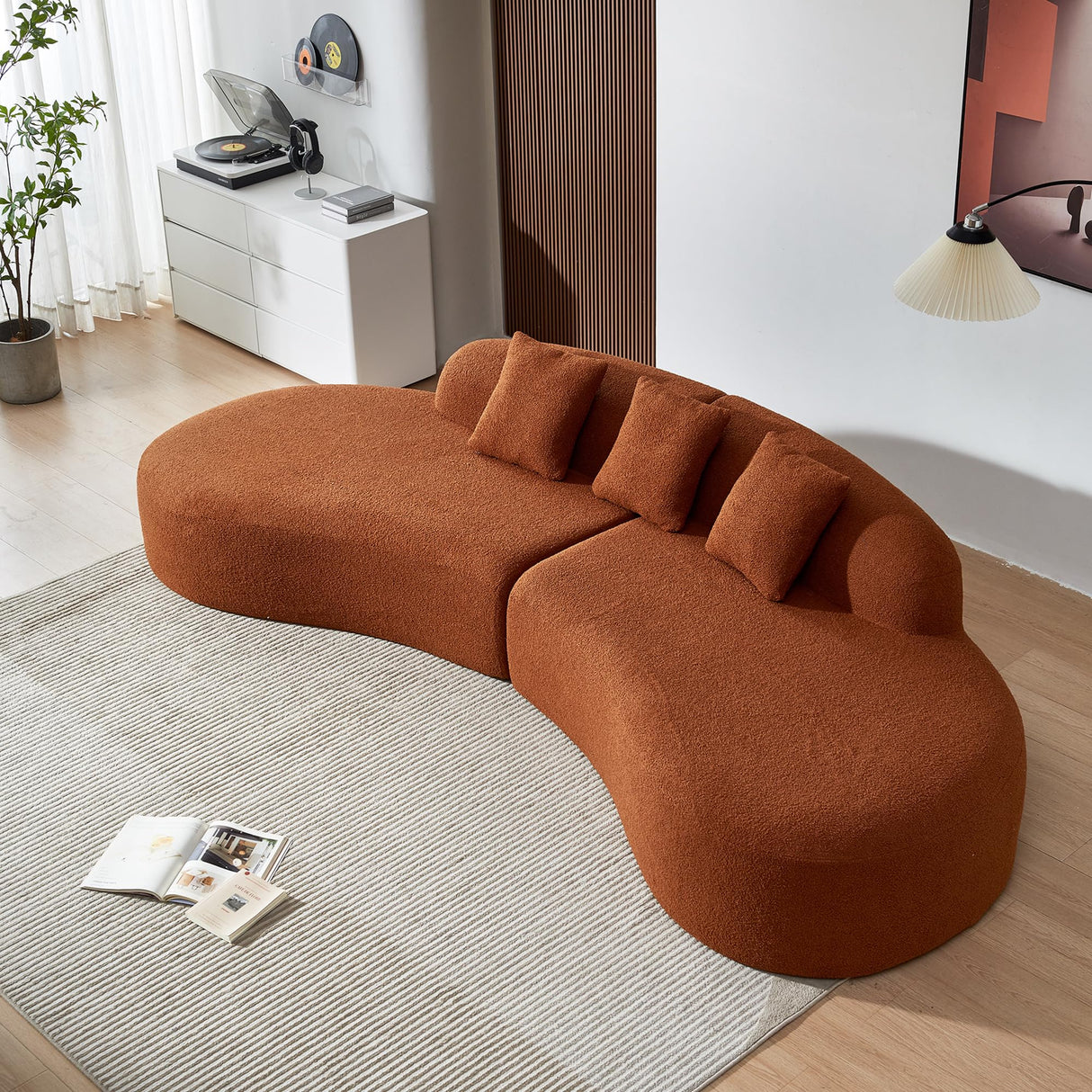 BAMOOLI 119'' Curved Sofa Couch, Mid Century Modern Half Moon Living Room Sofa, Luxury 4-Seat Sofa Couch with High-Density Foam Filled, Sherpa Lamb Fabric Sectional Sofa for Apartment, Office, Orange BAMOOLI