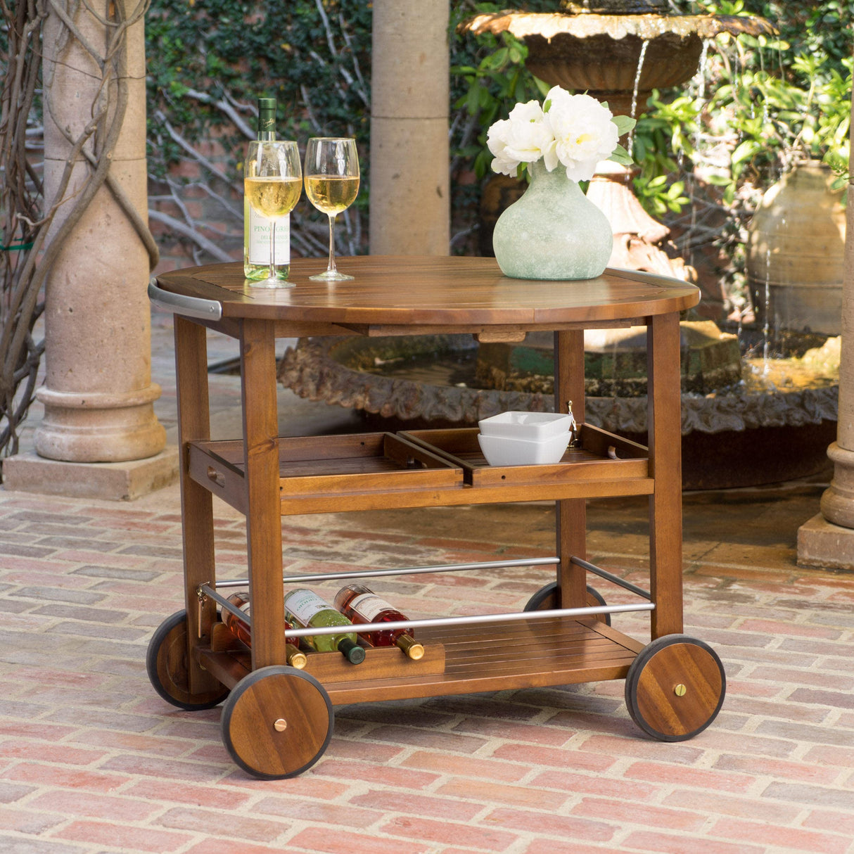 Christopher Knight Home Tillary Tiller Outdoor Acacia Wood Bar Cart Aluminum Accents, Dark Oak/Shiny Powder Coating Christopher Knight Home