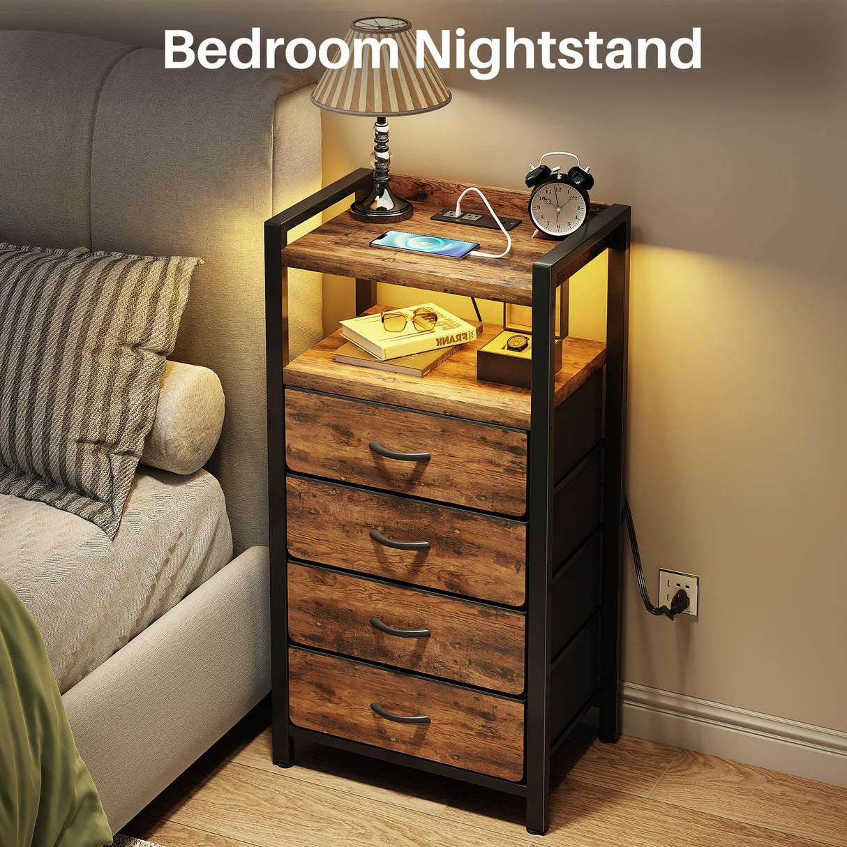 Kitstorack Night Stand with Charger Station and LED Light Rustic Brown Nightstand with Drawers Bedside Table Tall Nightstand 4 Fabric Drawers Kitstorack